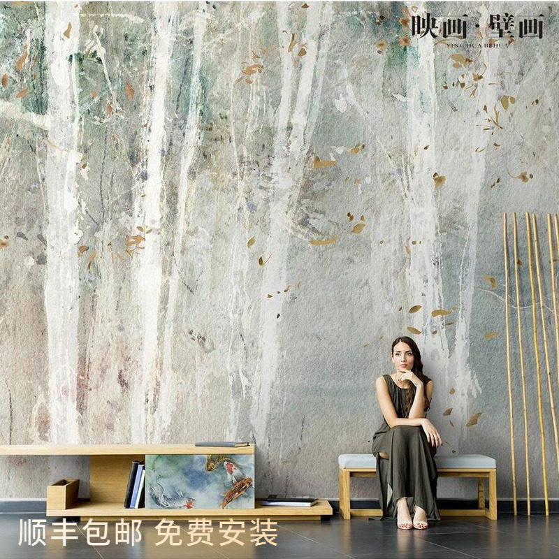 Nordic abstract hand-painted birch forest landscape wallpaper living room TV background wallpaper sofa seamless mural wall covering