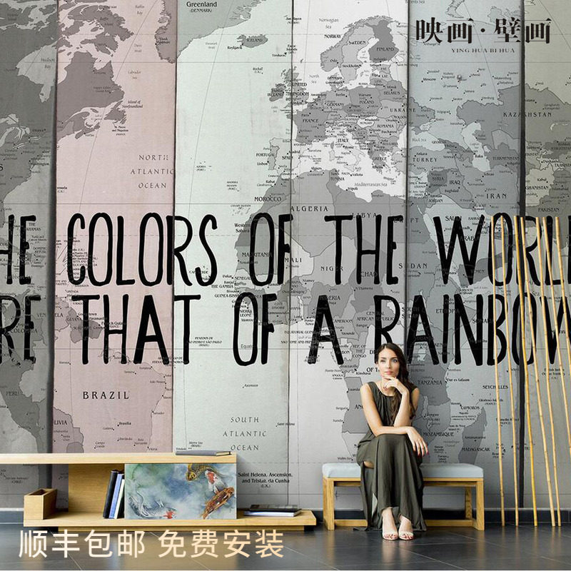 Nordic hand-painted abstract world landmark map retro living room TV background wallpaper seamless sofa wallpaper mural canvas
