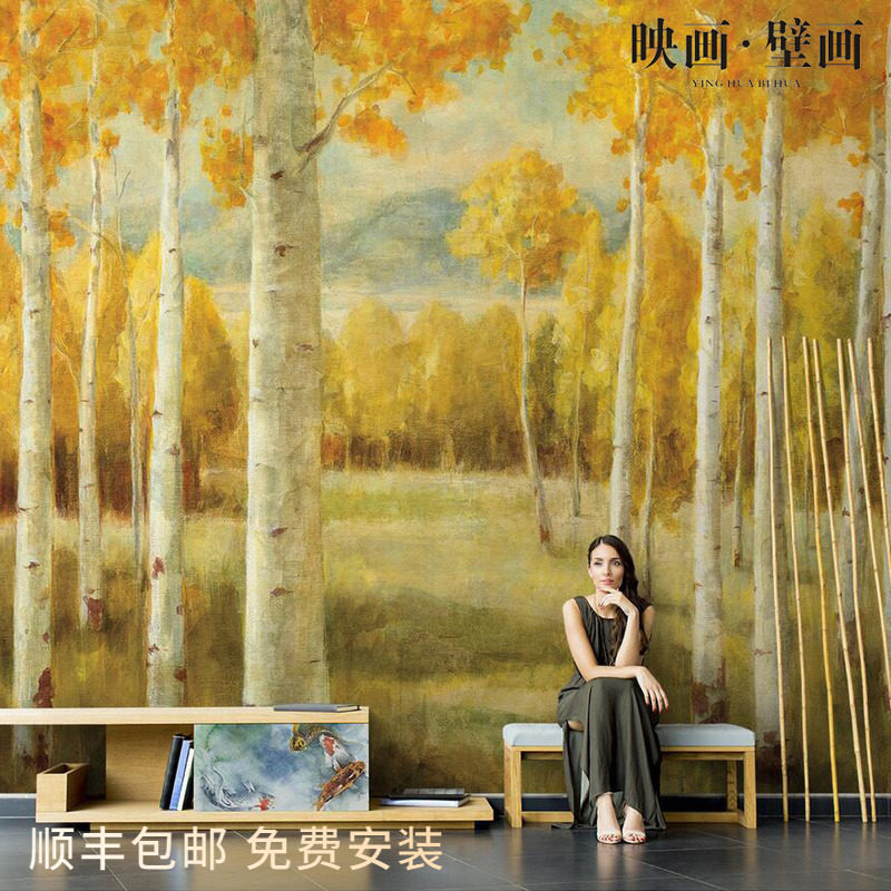 Nordic hand-painted abstract oil painting birch forest living room TV background wallpaper seamless sofa wallpaper mural cloth