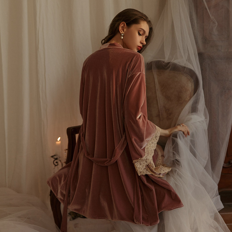 Miss Ya sexy autumn and winter nightgown women's velvet contrast color lace home service thin bathrobe mid-length nightgown