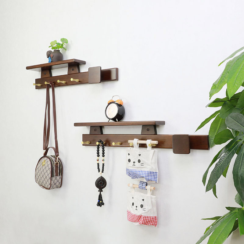Lingjie Solid Wood Hook Storage Rack, Natural Wood Style Wall-Mounted Wall Storage Rack, Clothes Hanger, Decorative, Heavy-Duty and Stable