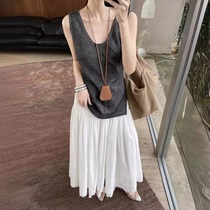 2024 Spring New Irregular Hollow Design Retro Denim Linen Vest for Women