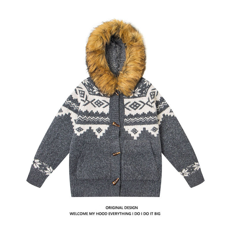 Millionaire Youth Bufu Detachable Fur Collar Fair Isle Sweater Jacket for Men and Women, Autumn Thickened Couple's Color-Blocked Knitwear