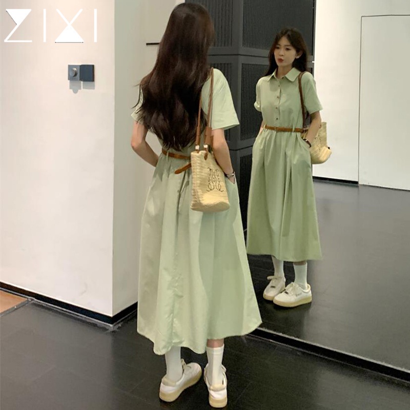 Green Dress Summer Plus Size Polo Commuter Women's Long Dress Workwear Dress A-Line Waist-Cinching Petite Shirt Dress