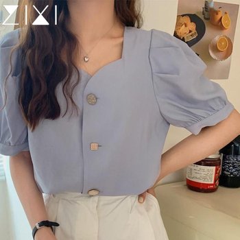 Square collar puff sleeve shirt women's summer commuting 2023 design sense niche top French short-sleeved blue shirt