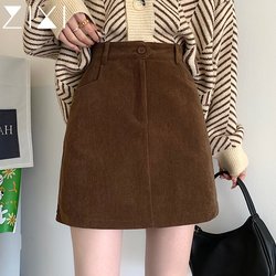 Autumn and Winter Brown Corduroy Skirt for Women, Short Skirt for Petite Figures, Brown High-Waisted A-Line Pencil Skirt, Spring Skirt