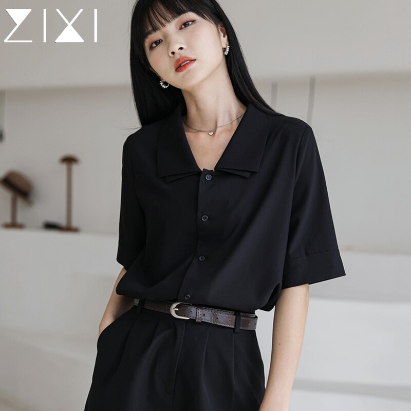Black Short-Sleeved Shirt for Women, Suitable for Commuting, French-Style V-Neck, Vintage Shirt, Regular Shoulder, Hong Kong Style Top, Summer Black Black Short-Sleeved Shirt for Women, Suitable for Commuting, French-Style V-Neck, Vintage Shirt, Regular Shoulder, Hong Kong Style Top, Summer Black