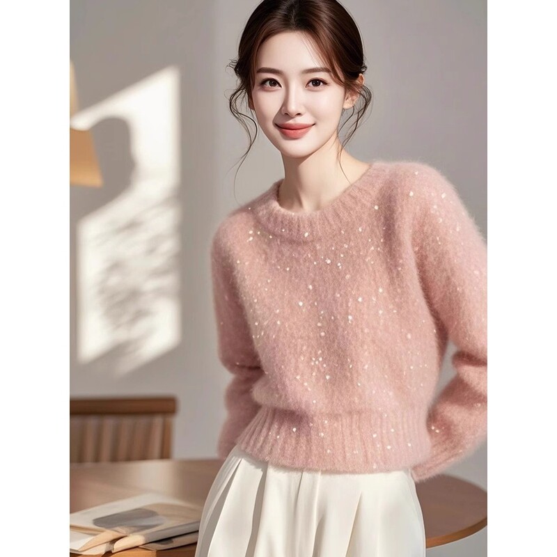 Godeshi 2025 Autumn and Winter New Style Lazy Pink Sequined Mohair Sweater Thickened Knitted Sweater for Women