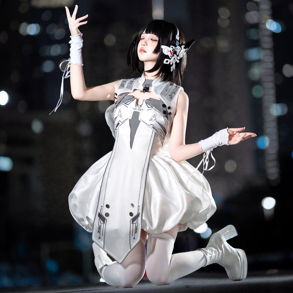 Jinmu Lolita Tech Light Domain Cyberpunk Sci-Fi Functional Floral Tulip Dress Sweet and Cool Futuristic Outfit