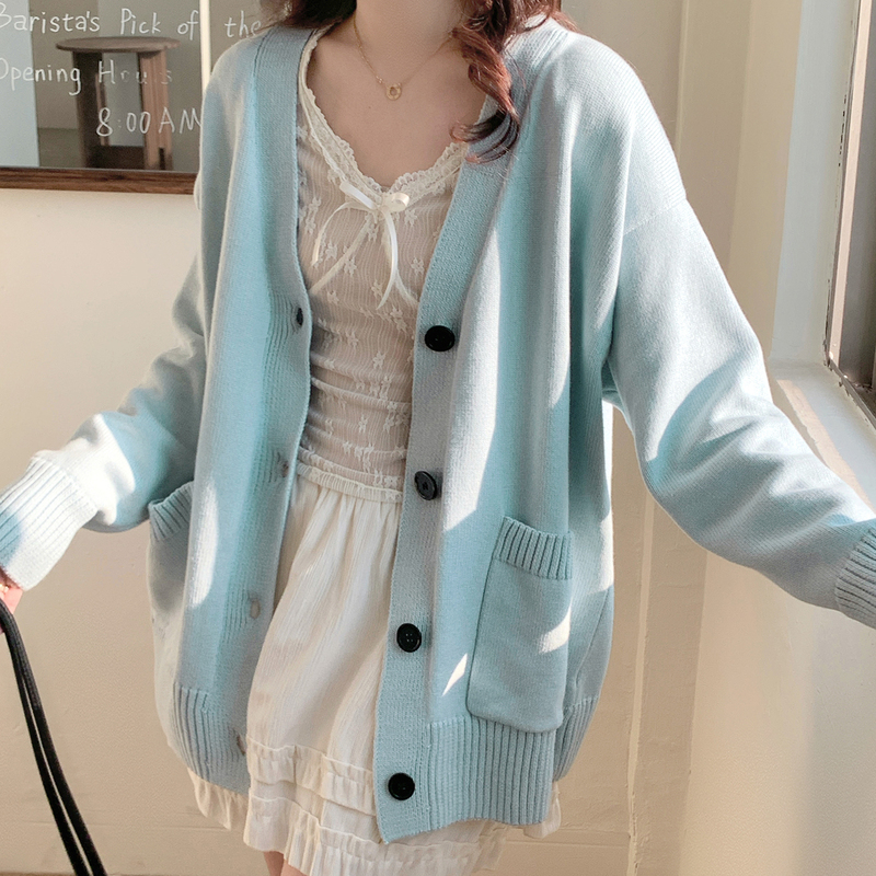 100% Cotton Pure Cotton Anti-Pilling Milk Blue Knitted Cardigan for Women, Loose and High-End Simple Sweater Jacket for Spring, Autumn and Winter
