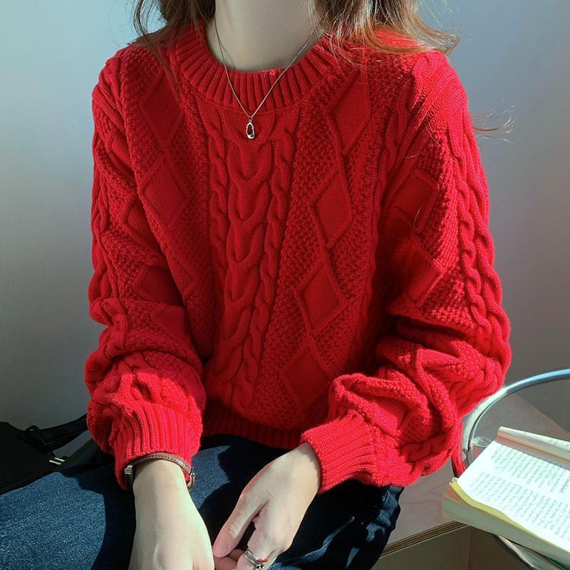 100% Cotton Red Sweater for Women, Heavy-Duty Twist Pattern, Short, Loose, Thickened, New Autumn and Winter Pullover, Pure Cotton Knitwear