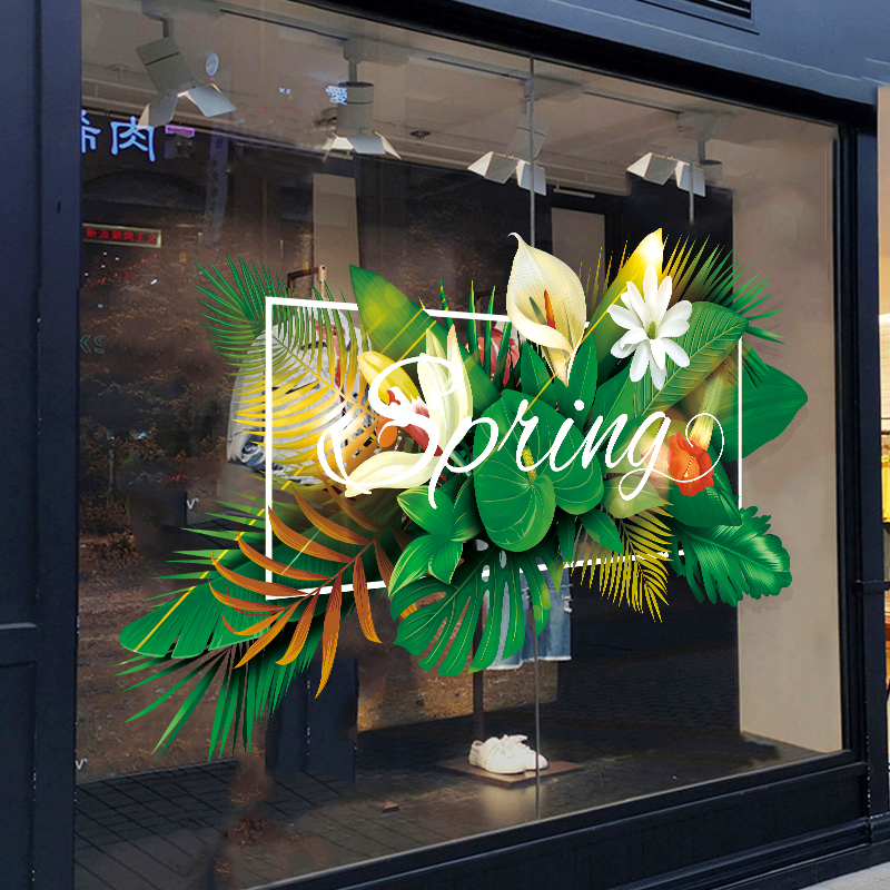 Spring decorative glass door stickers shopping mall theme clothing shop window spring plant scene layout electrostatic stickers