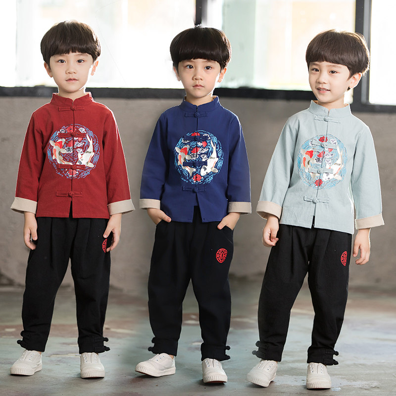 Boy Hanfu Chinese style male baby folk wind cotton and linen children's clothing spring little boy long sleeve suit children Tang suit