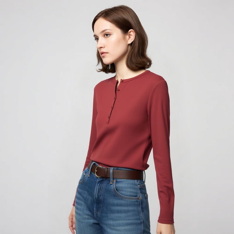 Official Website 99! Women's Ribbed Henley Neck T-Shirt/Long-Sleeve Slim-Fit Short Top for Layering 25 New Styles 479591
