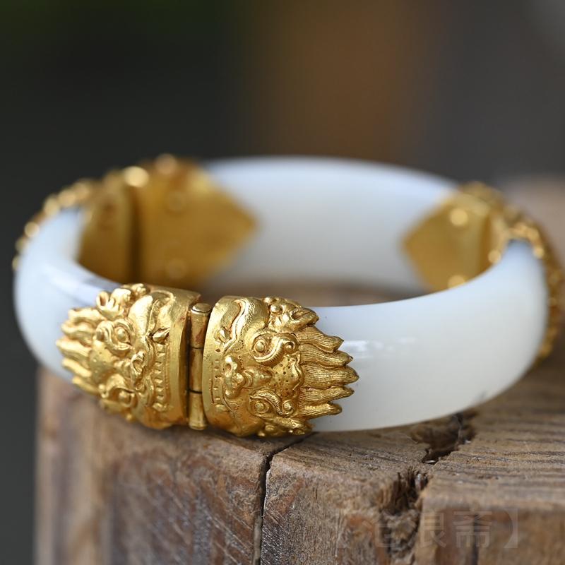 唐代镶金白玉环手镯和田白玉兽首铜鎏金艺术古玉/老玉