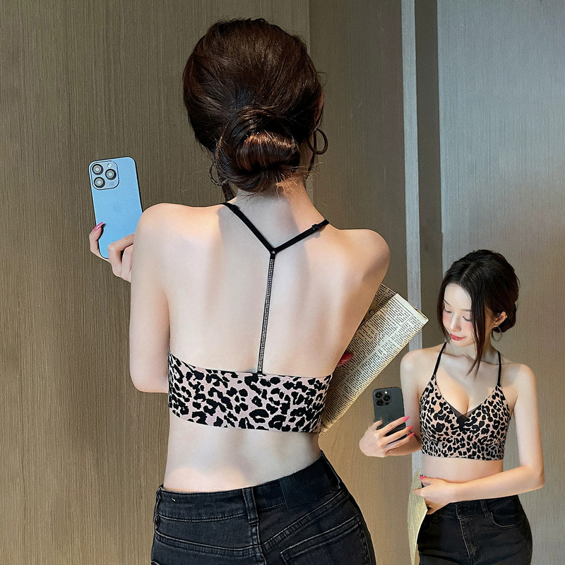 Ormior Leopard Print Bra for Women, Summer Thin Style, Small Chest Lift, Wireless, Sexy Halter Neck, Seamless Bra
