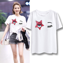 South Korea 2021 spring and summer Yang power stars the same T-shirt female 100 hitch-style Embroidery Loose Pure Cotton Round Collar Blouses