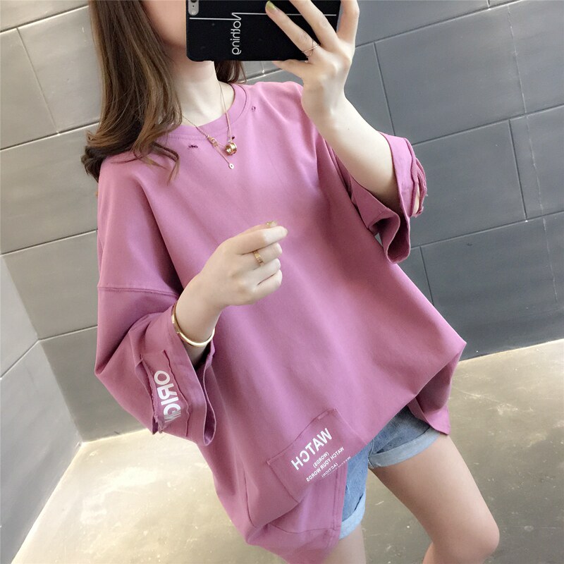South Korea 2020 Summer New Short - sleeved T - shirt middle - and - long - version hole - breaking woman in half - sleeve T - shirt tide