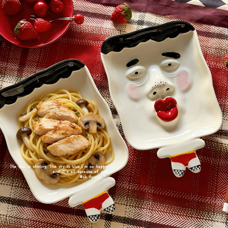 Ok Funny Quirky Pouty Expression Dinner Plate Abstract Ceramic Plate Tableware Household Dish Plate Fruit Plate Dessert Plate