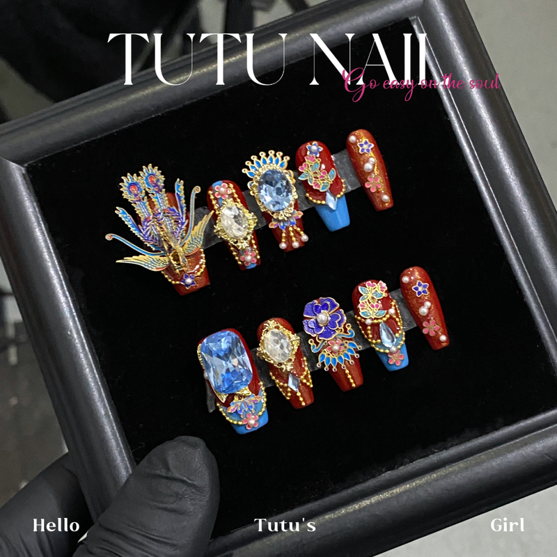 【Ten Miles of Red Dress】Tutu Nail Handmade Wearable Nail Art Chinese Style National Style Xiuhe Wedding Nails Red and Blue Bride 【Ten Miles of Red Dress】Tutu Nail Handmade Wearable Nail Art Chinese Style National Style Xiuhe Wedding Nails Red and Blue Bride