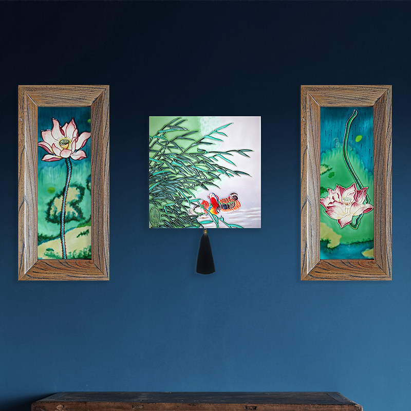 Canine Porcelain Plate Painting Living Room Sofa Background Wall Composition Decoration Painting Xuanguan Book House Long Hung Painting Lotus Flower