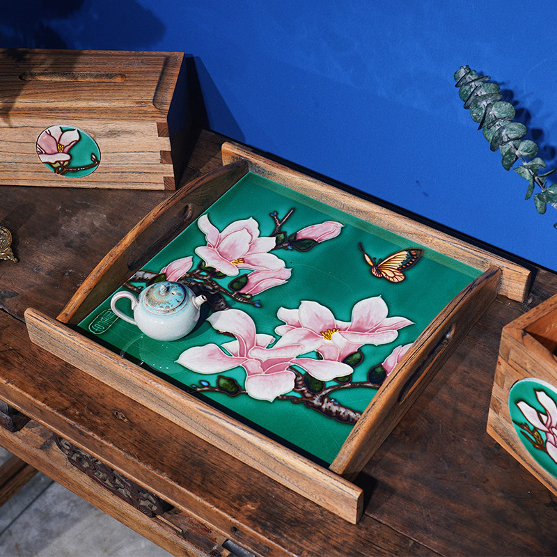 (Jia Women Original) Elm Wood Real Wood Home Tea Tray Nursery Tray Ceramic Containing Tray Home Decoration Tea Table Hem
