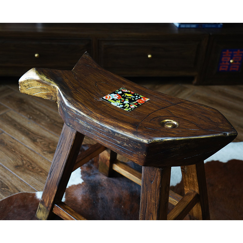 Solid wood stools adult home old elm wood Chinese style fish stool changing shoes stool handmade gold leaf for old retro furniture