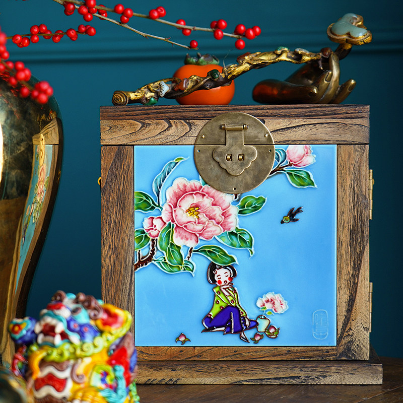 Solid wood bauxite jewelry box ceramic retro jewelry box with lock jewelry box New Chinese home decoration