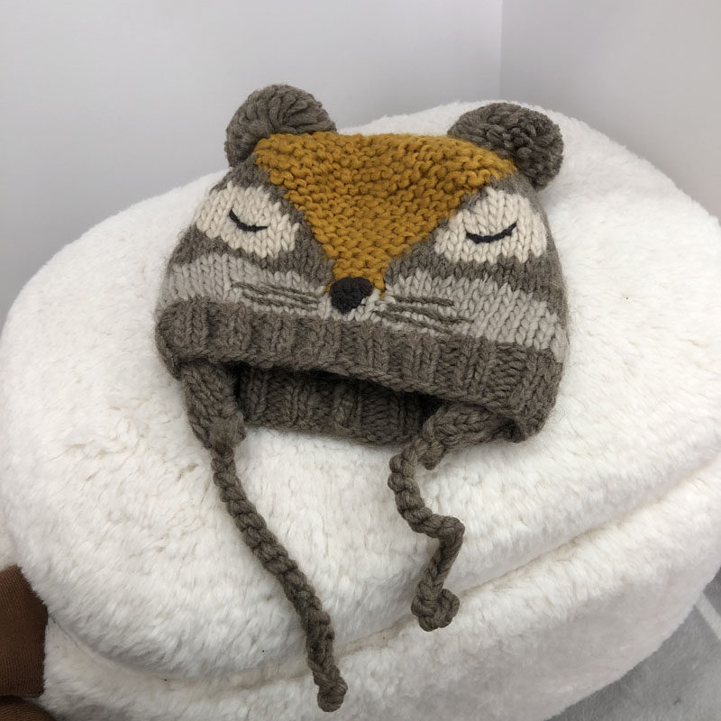 Children's new autumn and winter Men's and women's cuddly warm and warm cartoon thickened hair line styling with velvet protective ear knit Baotou Cap