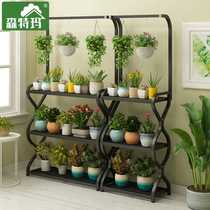 Wrought iron flower shelf multi-storey indoor balcony storage multi-meaty Green rose hanging pot planting stand hanging blue living room floor European style