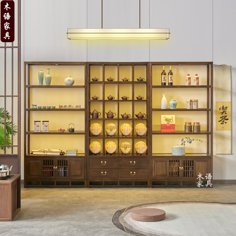 ตู้โชว์ไม้เนื้อแข็งสไตล์จีนร่วมสมัย สำหรับร้านชา ห้องน้ำชา และเก็บรักษาใบชา