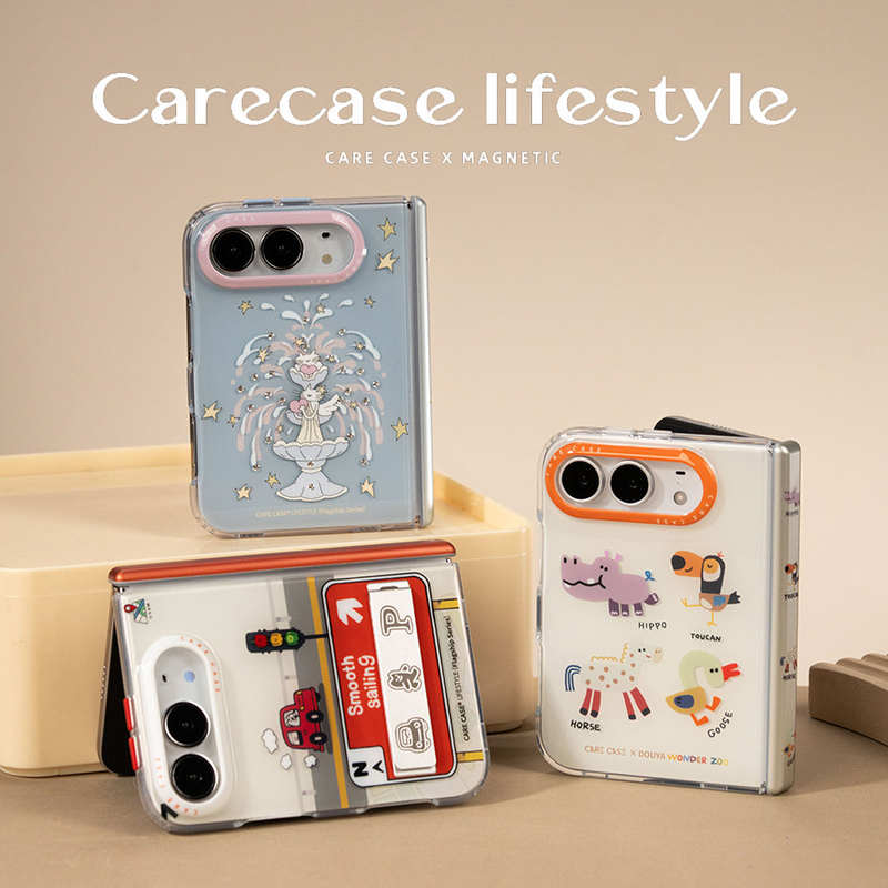 Carecase Creative Series Phone Case for Apple iPhone Duo Foldable Screen Cute Cartoon Soft and Adorable Childlike Fresh and Healing Central Axis Protection Diamond Inlay Integrated Stand