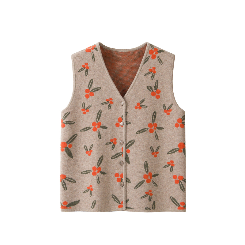 Ordos City Thickened 100% Pure Wool Women's V-Neck Jacquard Vest for Middle-Aged and Elderly, Mom's Style