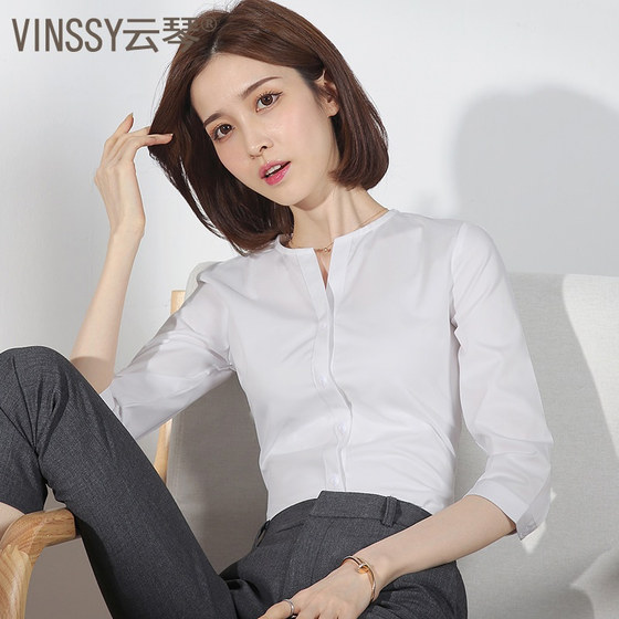 White V-neck three-quarter sleeve shirt for women, summer fashion temperament, spring and autumn mid-sleeve formal wear, professional work clothes, shirt workwear