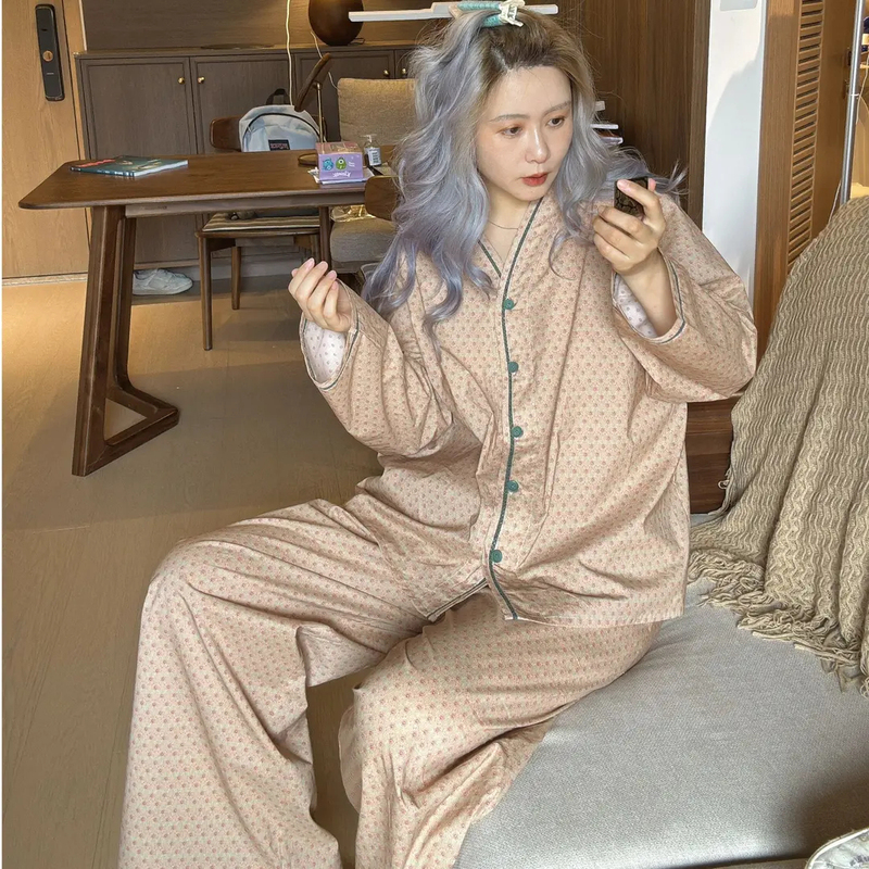 Damen Spring/Summer New Long-Sleeve Women's Pajamas, Loose and Thin, Can Be Worn Outside, Homewear Set, Casual Summer Vintage Style Damen Spring/Summer New Long-Sleeve Women's Pajamas, Loose and Thin, Can Be Worn Outside, Homewear Set, Casual Summer Vintage Style
