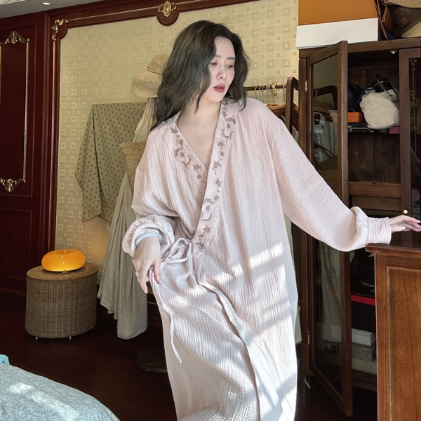 Dreamy Cotton Gauze Nightgown for Women, Spring and Autumn Vintage Style Embroidered Long Nightdress with Diagonal Placket, Loungewear Dreamy Cotton Gauze Nightgown for Women, Spring and Autumn Vintage Style Embroidered Long Nightdress with Diagonal Placket, Loungewear