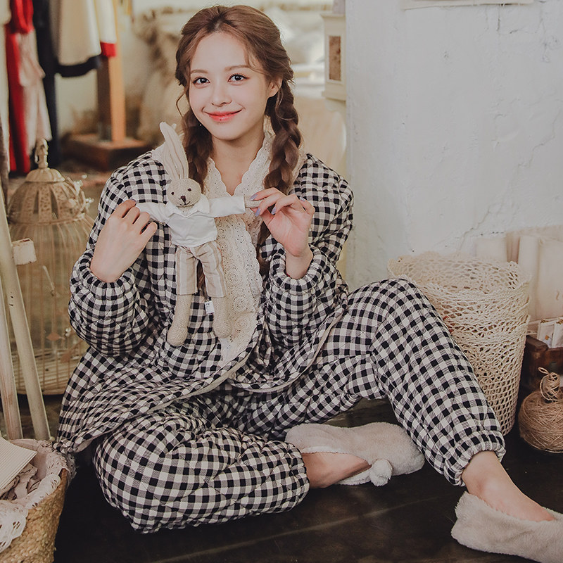 Quilted confinement clothing winter postpartum pregnant women pajamas autumn and winter thickening and velvet maternity nursing clothing nursing home clothes