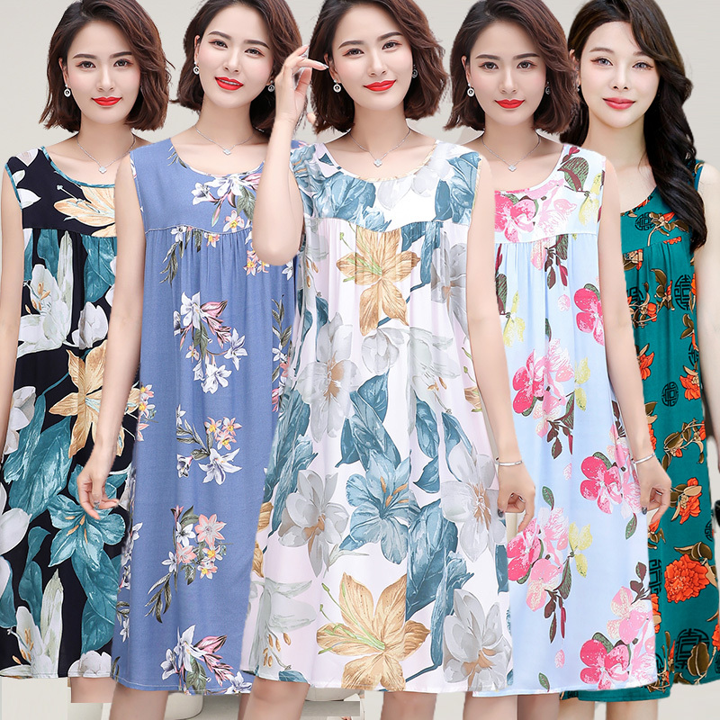 Summer Cotton Silk Nightgown Women's Rayon Pajamas Summer Plus Size Mom's Wear Thin Dress Loose Home Wear Summer Cotton Silk Nightgown Women's Rayon Pajamas Summer Plus Size Mom's Wear Thin Dress Loose Home Wear