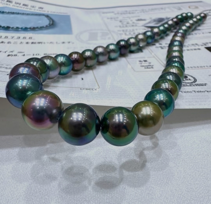 Tahitian Black Pearls, Seawater Pearls, Aurora Dazzling Morandi Black Pearl Necklace, Perfectly Round Aurora
