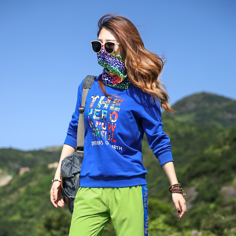 Outdoor cotton long-sleeved T-shirt sweater women's top Travel mountaineering hiking round neck pullover Tide brand loose pullover