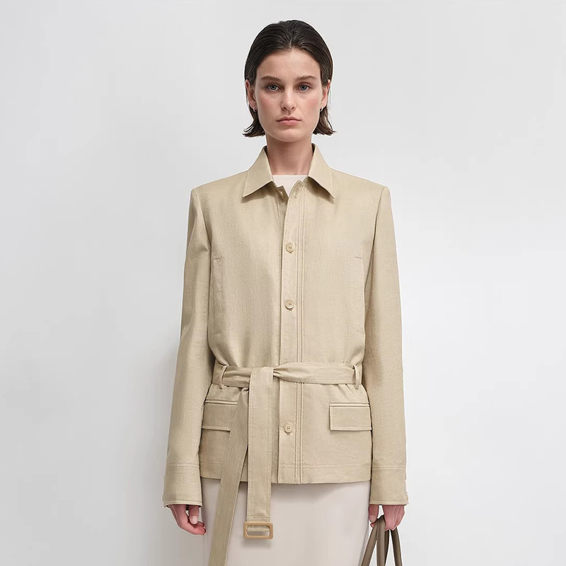 Old Money Style Linen Waist-Cinching Short Jacket for Women, High-End Fashionable Hunting-Style Jacket with Belt, 2026 Spring New Model
