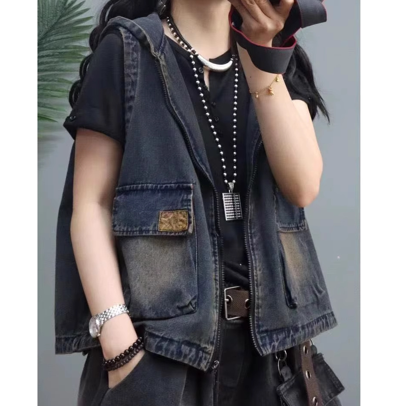 Vintage Washed Bf Style Workwear Denim Vest Outerwear Japanese Couple Sleeveless Loose Versatile Jacket for Women Trendy