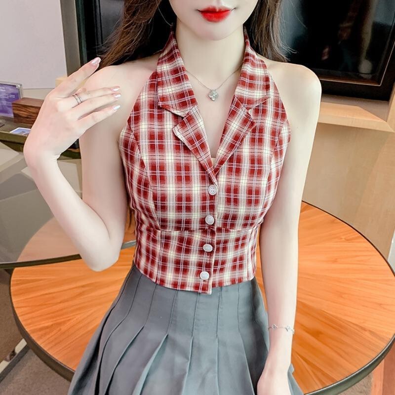 Retro Plaid Sleeveless Vest Top for Women, Summer Design, Niche Style, Suit Collar, Waist-Cinching Short Shirt, Comfortable