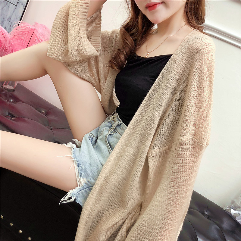 Áo len mỏng điều hòa mùa hè nữ đại học lười gió Phiên bản Hàn Quốc của áo khoác lửng dệt kim dài phần chống nắng quần áo áo len đỏ