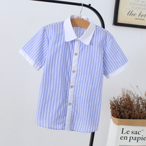 Childrens Short Sleeve Blue Strip Shirt Flower Child Pure Cotton Single-Layer Student Shirt Costume Costume