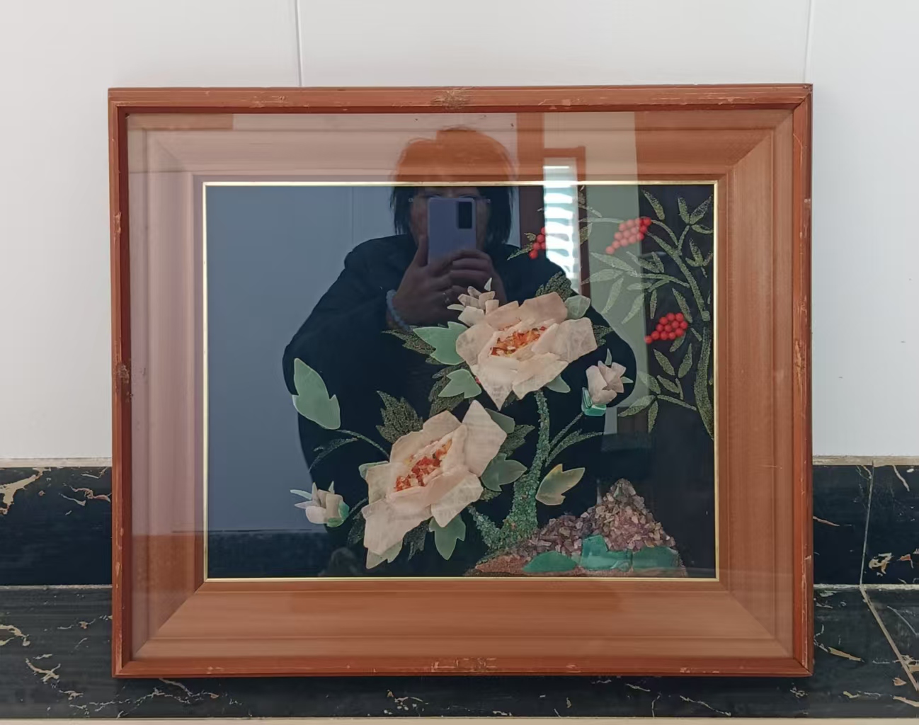 日本回流，日本贵石画，采用天然玉石镶嵌，浮雕花开富贵，挂画