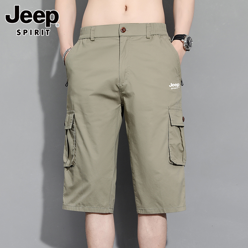 Jeep Men's Summer Cotton Cargo Pants, Casual Loose Fit, Elastic Waist with Belt Buckle, Mid-Length Trousers for Middle-Aged and Elderly Men