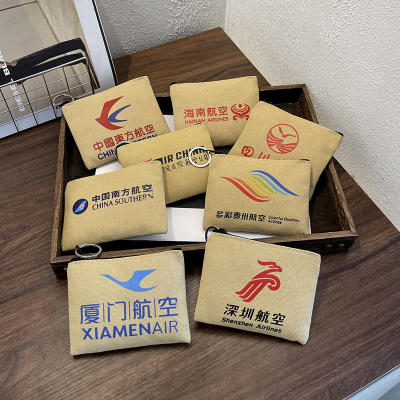 Canvas Mini Coin Purse for Men and Women, Creative Airline Logo Key Storage Bag, Student Coin Bag