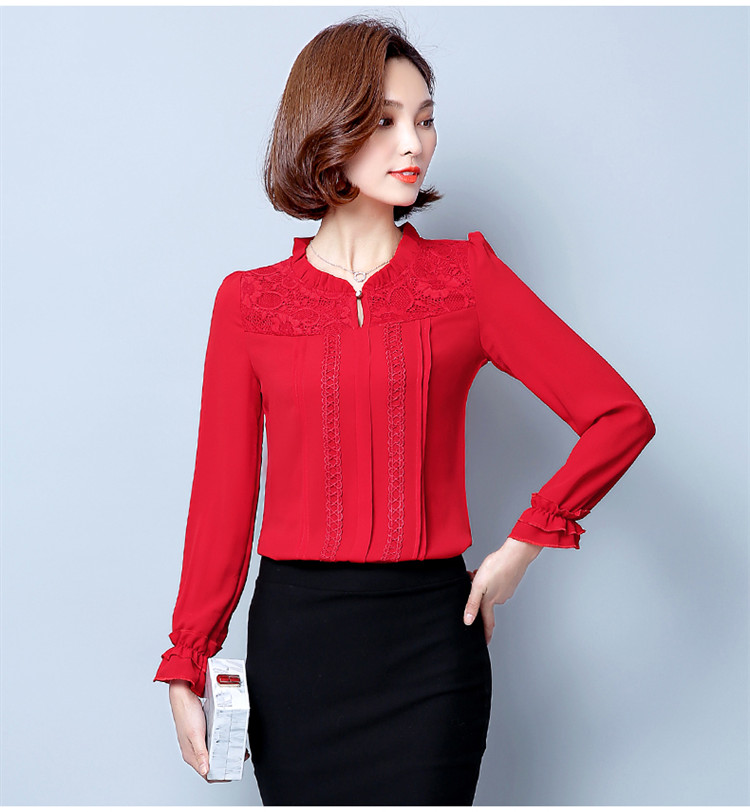 6911 # Áo voan nữ dài tay 2017 xuân hè mới Hàn Quốc nữ cao cổ áo sơ mi rộng rãi ren ren - Áo sơ mi chiffon ren áo sơ mi nữ hàn quốc