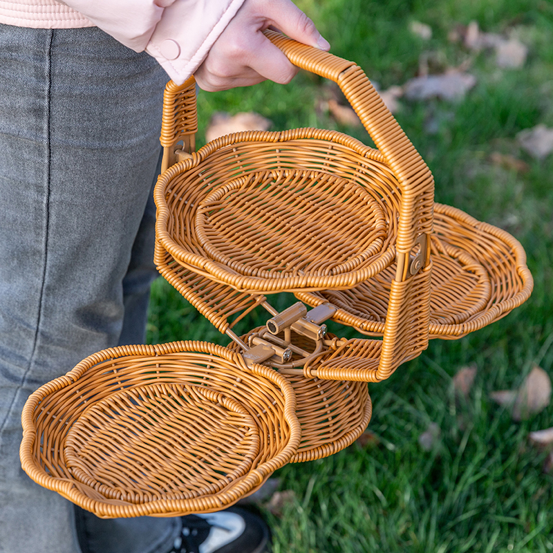 Imitation Rattan Woven Foldable Double-Layer Three-Layer Fruit Plate Household Snack Candy Basket Creative Living Room Afternoon Tea Handmade